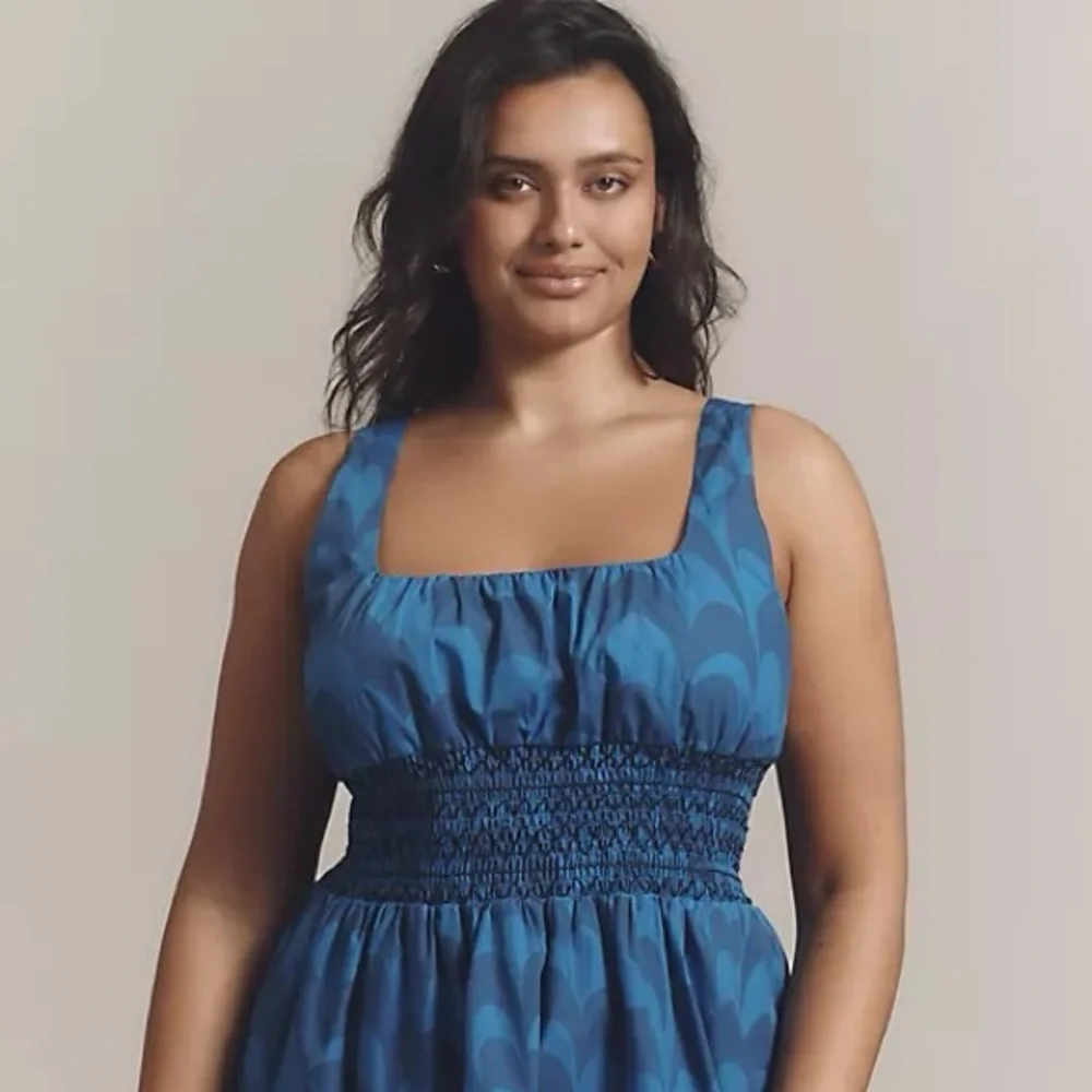 NWT Anthropologie Blue Sleeveless Smocked Square Neck Mini Dress – Size L - Picture 7 of 10